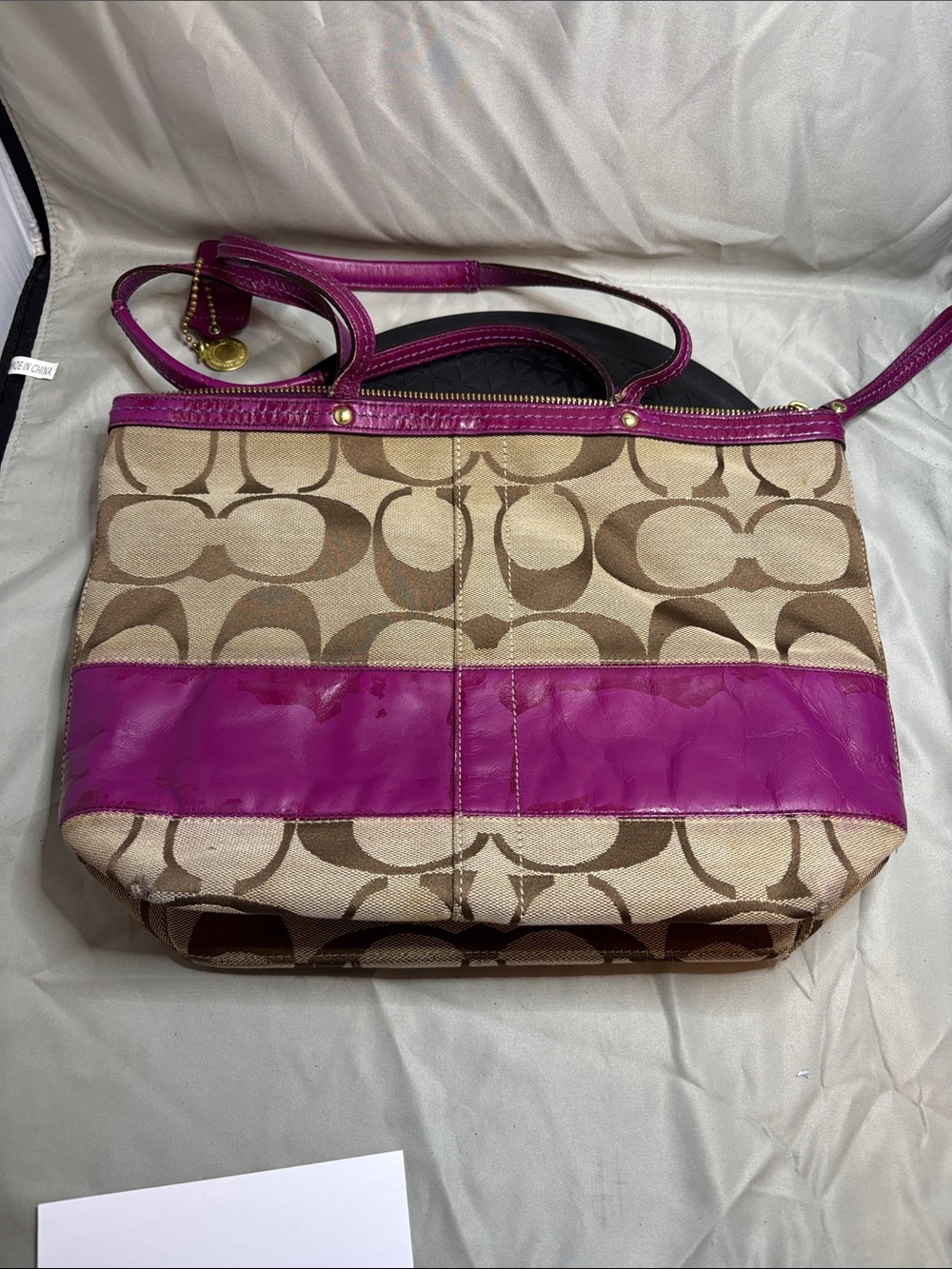 Coach Signature Canvas Tote with Fuchsia Pink Trim
